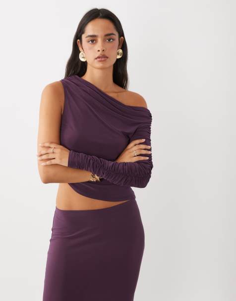ASOS DESIGN set asymmetric slinky red top in purple - view 1