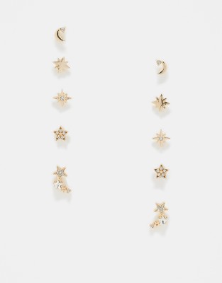 ASOS DESIGN - Set aus 5 goldfarbenen Ohrsteckern mit Himmelskörper-Design