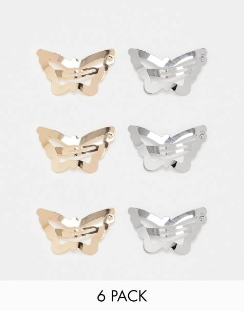 ASOS DESIGN – Set aus 6 silber- und goldfarbene Haarspangen mit Schmetterling-Design