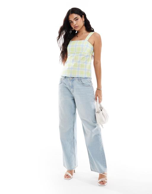 ASOS DESIGN – Set aus Popeline in Grün kariert mit Camisole-Oberteil mit eckigem Ausschnitt und Minirock