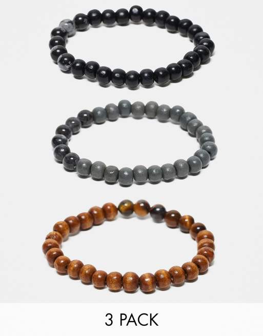 ASOS DESIGN - Set con 3 bracciali con perline nero, marrone e grigio 