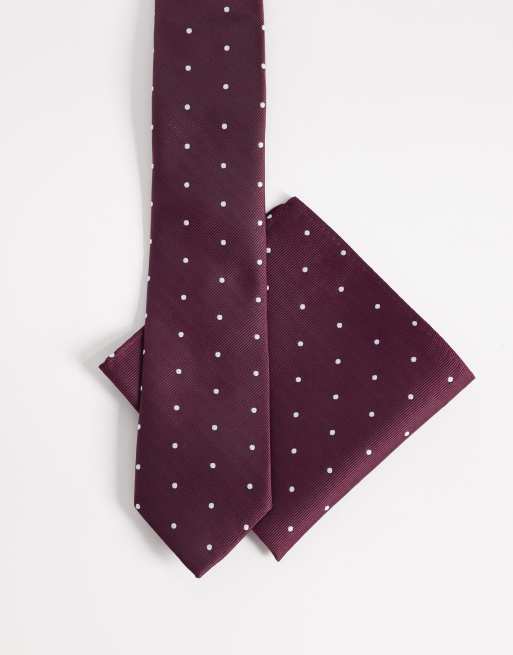 ASOS DESIGN - Set con cravatta e fazzoletto da taschino color bordeaux a pois