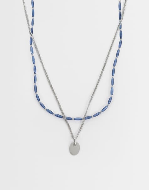 ASOS DESIGN set da 2 collane in argento con perline blu e pendente ovale - view 1