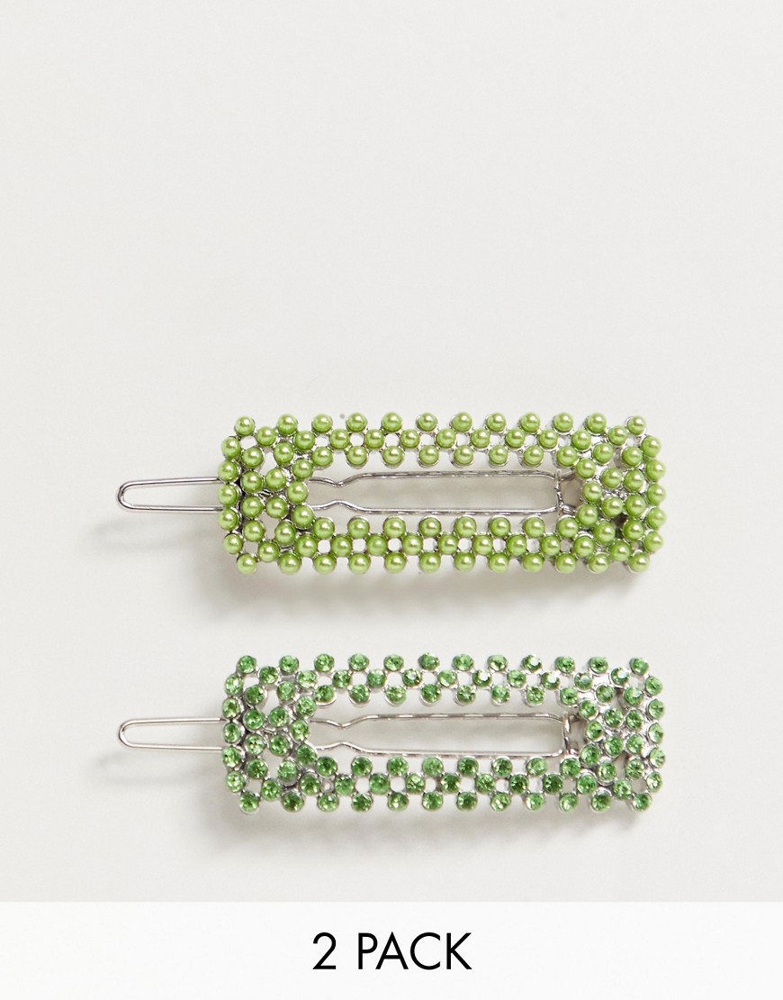 ASOS DESIGN - Set da 2 fermagli per capelli con cristalli e perle verdi-Argento
