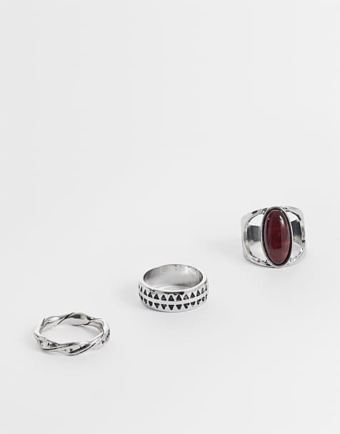 ASOS DESIGN set da 3 anelli con pietra ovale rossa e anello intrecciato color argento - view 1