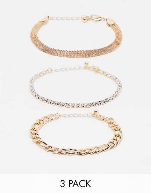 ASOS DESIGN - Set da 3 bracciali con catenine miste color oro e con cristalli