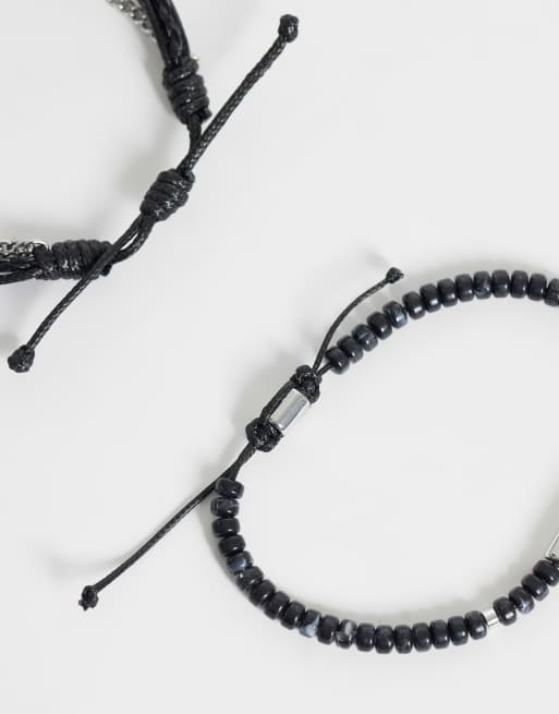 ASOS DESIGN set da 3 bracciali in argento con perline nere e cordino, 2 di 3