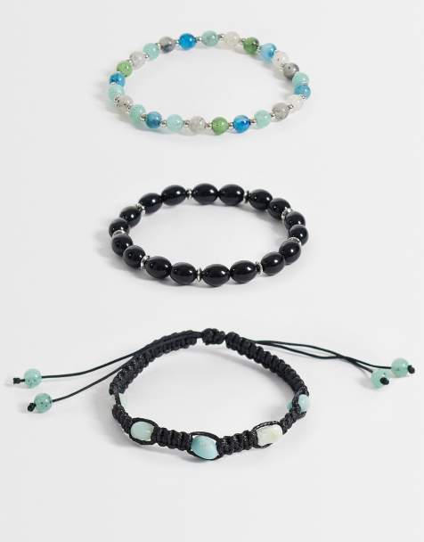 ASOS DESIGN set da 3 bracciali neri con perline blu e chips di pietra amazzonite semipreziosa - view 1