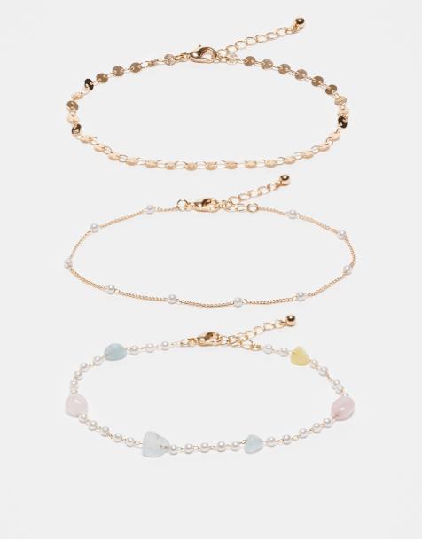 ASOS DESIGN - Set da 3 cavigliere dorate con vere pietre semipreziose e perle sintetiche - view 1