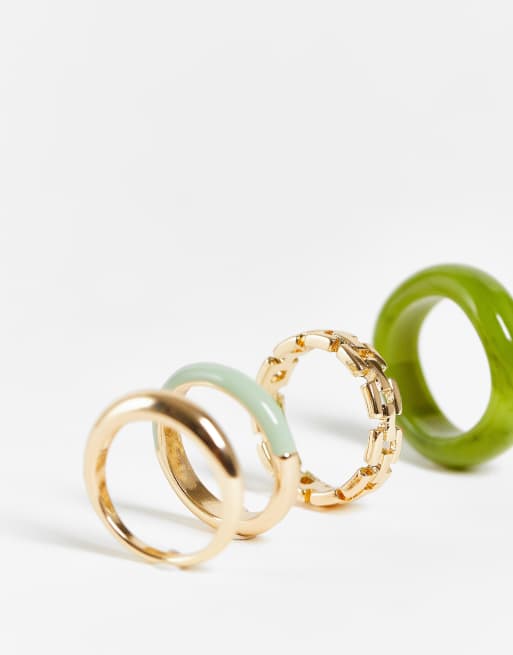 ASOS DESIGN - Set da 4 anelli misti in plastica verde e dorati, 4 di 4