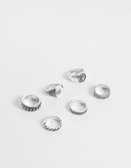 ASOS DESIGN set da 6 anelli chevalier con dettaglio fascia e San Cristoforo in argento brunito