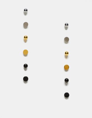 ASOS DESIGN - Set da 6 paia di orecchini a bottone in acciaio inossidabile resistente all'acqua color argento, oro e nero opaco