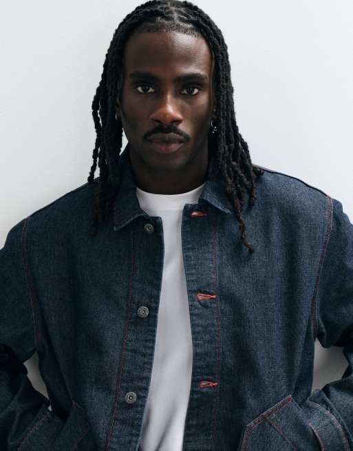 ASOS DESIGN set denim harrington jacket in raw indigo, 4 of 5