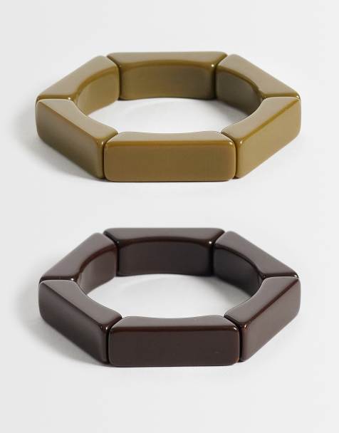 ASOS DESIGN set di 2 bracciali rigidi elasticizzati marrone e verde kaki - view 1