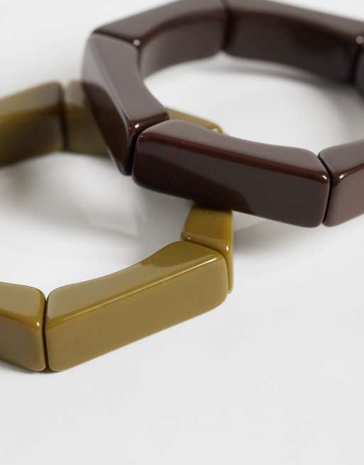 ASOS DESIGN set di 2 bracciali rigidi elasticizzati marrone e verde kaki, 2 di 3