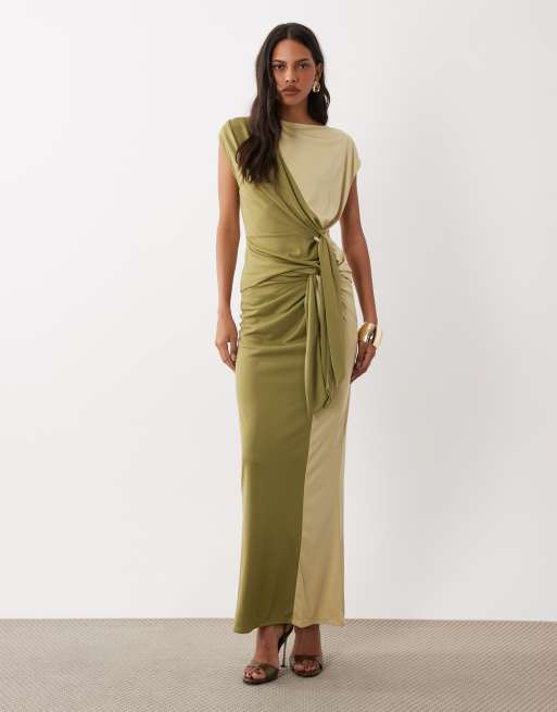 ASOS DESIGN set färgblockad topp med kort ärm och draperad knytfront i khaki, 3 av 4