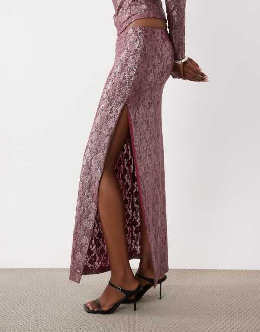 ASOS DESIGN set foiled lace high split midi pencil skirt in burgundy, 2 of 5
