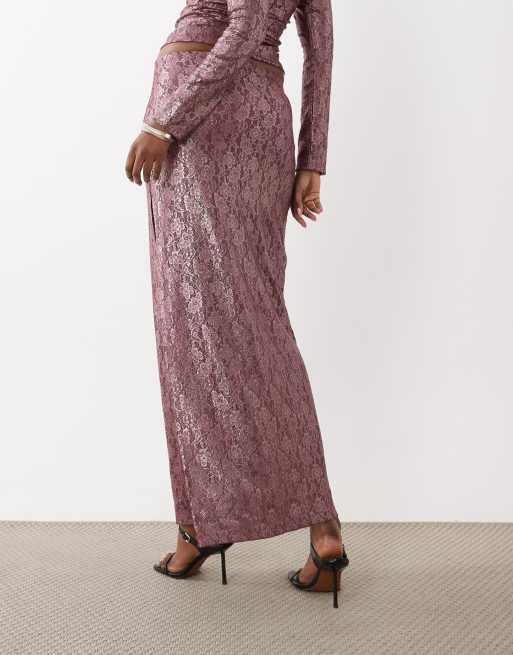 ASOS DESIGN set foiled lace high split midi pencil skirt in burgundy, 4 of 5