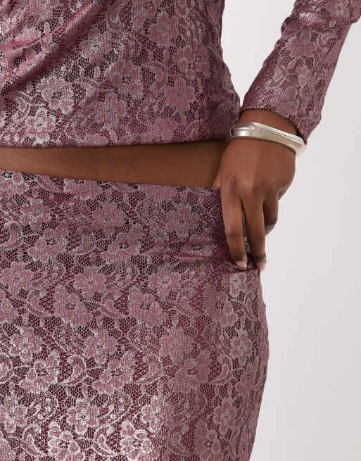 ASOS DESIGN set foiled lace high split midi pencil skirt in burgundy, 5 of 5