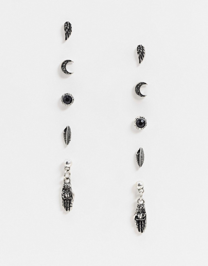 ASOS DESIGN - Set gepolijst zilverkleurige oorknopjes met maan- en verenbedeltjes