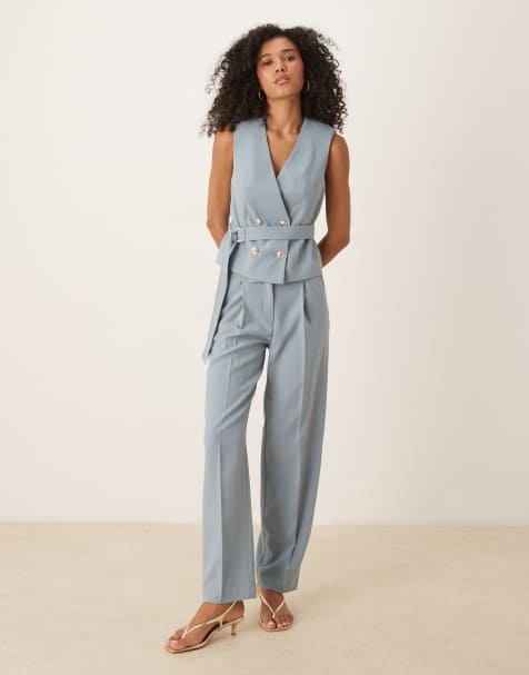 ASOS DESIGN – Set in Blau aus Weste mit Gürtel und Hose mit geradem Bein - view 1