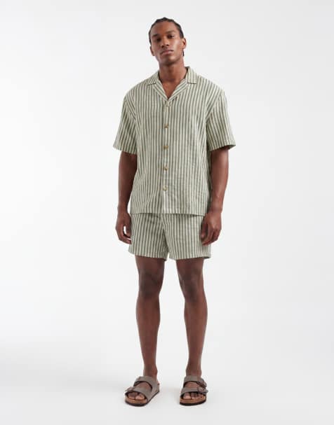 ASOS DESIGN – Set in gestreiftem Grün, mit Hemd und Shorts - view 1