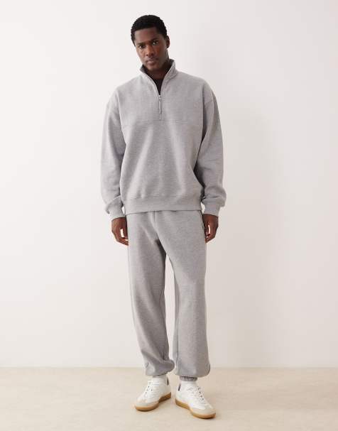 ASOS DESIGN – Set in Grau meliert mit Sweatshirt mit kurzem Reißverschluss und Oversize-Jogginghose - view 1