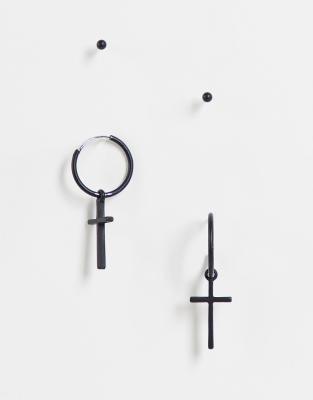ASOS DESIGN – Set in Mattschwarz aus Ohrstecker und Creolen mit Kreuzanhänger im 2er-Pack