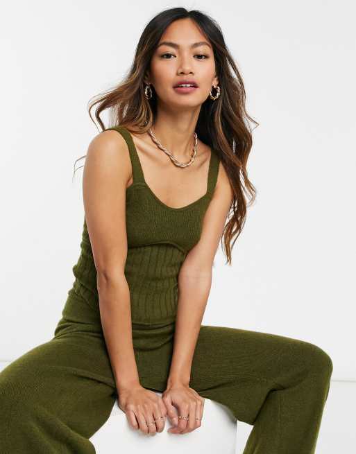 ASOS DESIGN set knit cami with ribbed detail in khaki