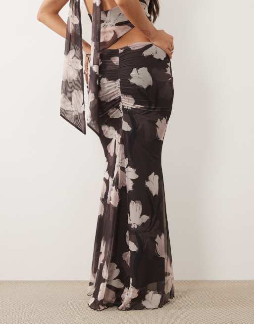 ASOS DESIGN set maxikjol i mesh med drapering och blommigt tryck i brunt, 4 av 5