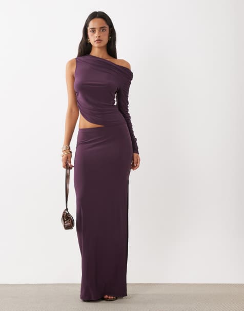 ASOS DESIGN set maxikjol i slinky med rynkad detalj bak i lila - view 1