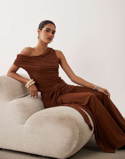 ASOS DESIGN set med byxor i linne-look med sarongdetalj och vida ben i rost - view 1