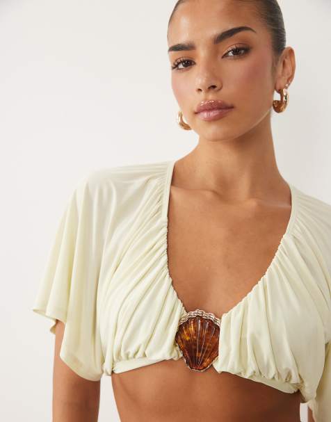 ASOS DESIGN set med draperad topp i slinky med snäckkant i cream - view 1