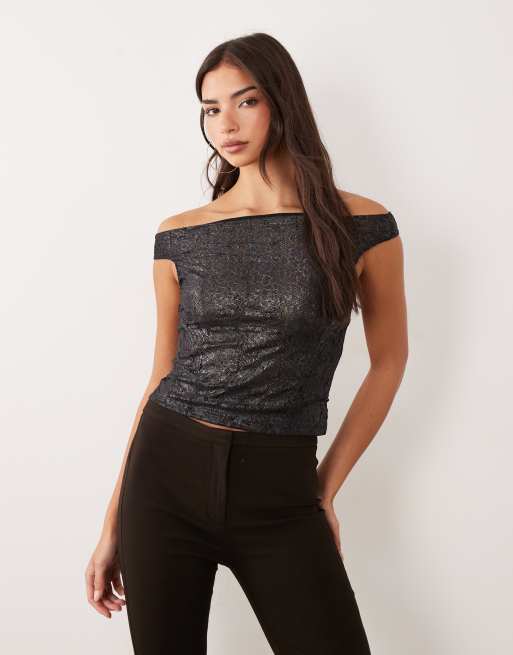 ASOS DESIGN set med folierad spets, axellång topp i svart, 4 av 4