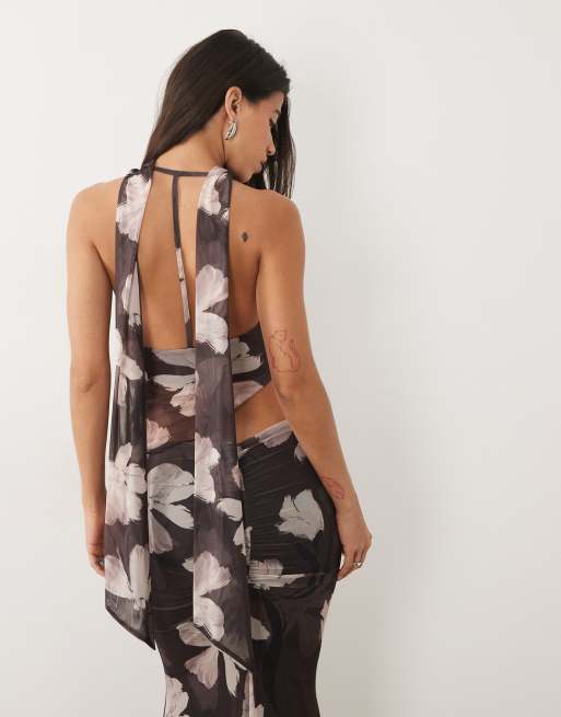 ASOS DESIGN set med mönstrad mesh-topp med draperad cowl-ringning i brun blomprint, 2 av 4