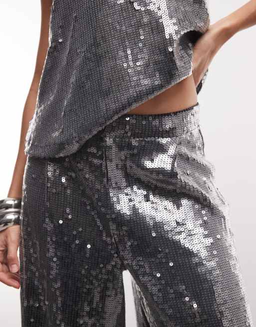 ASOS DESIGN set med paljettbyxor med vida ben i gunmetal, 3 av 5