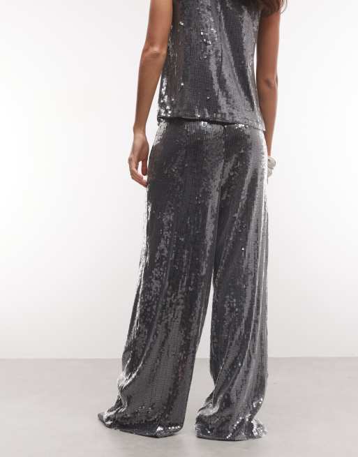 ASOS DESIGN set med paljettbyxor med vida ben i gunmetal, 5 av 5