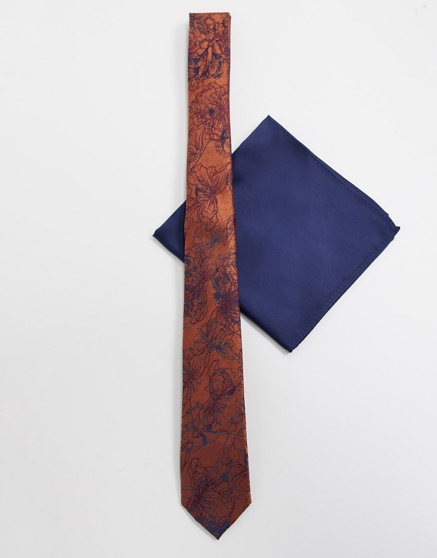 ASOS DESIGN – Set med röd och marinblå smal slips med blommigt mönster och bröstnäsduk