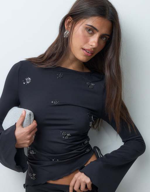 ASOS DESIGN set mesh ruched side embellished long sleeve top in black, 4 of 5