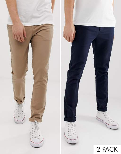 ASOS DESIGN - Set met 2 skinny chino's in marineblauw en kiezelkleurig, bespaar