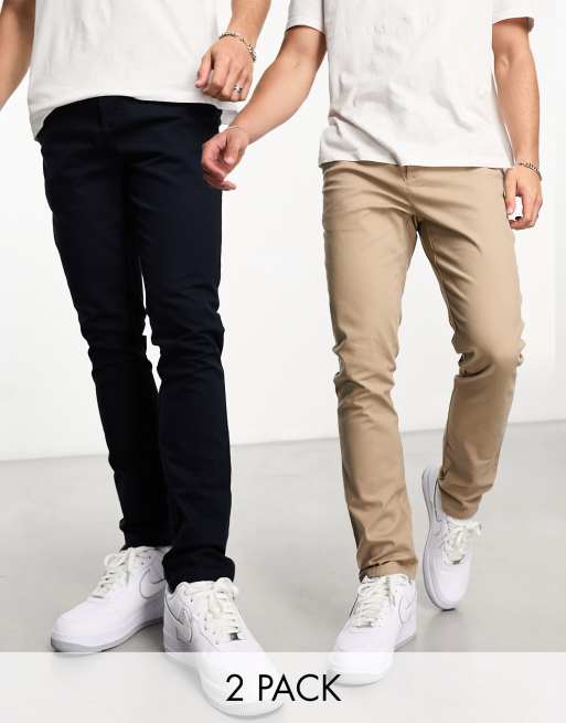 ASOS DESIGN - Set met 2 skinny chino's in marineblauw en kiezelkleurig, bespaar