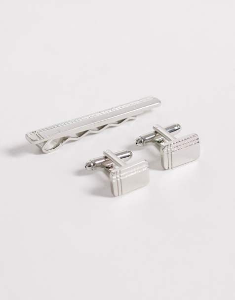 ASOS DESIGN - Set met dasspeld en manchetknopen met gegraveerd patroon in zilver - view 1