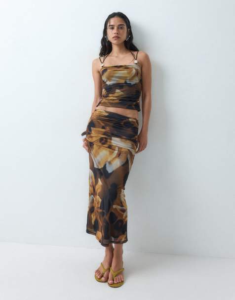 ASOS DESIGN set midikjol i mesh med rynkningar och suddigt blommönster - view 1