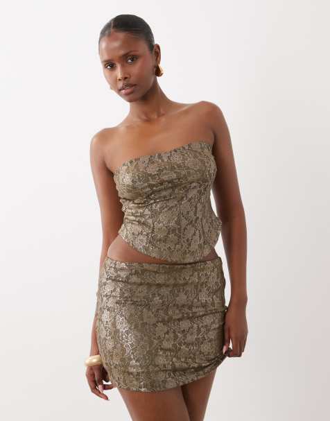ASOS DESIGN set minikjol i khaki med foil-effekt och spets - view 1