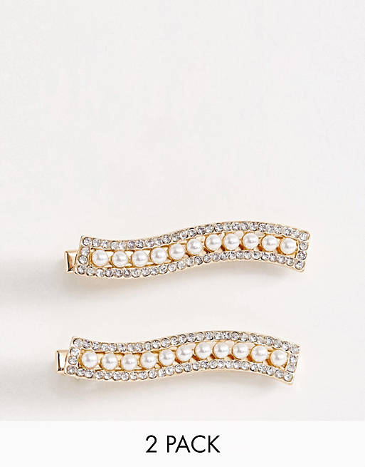 ASOS DESIGN – Set mit 2 gewellten Haarclips mit Perlen in Gold