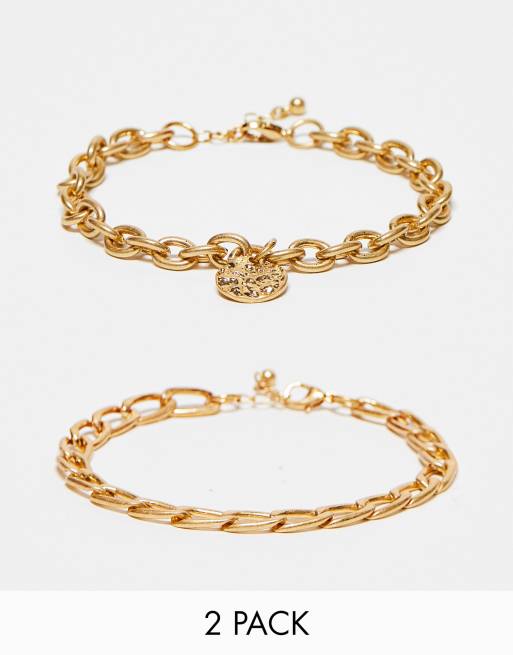 ASOS DESIGN – Set mit 2 goldfarbenen Fußkettchen mit gehämmertem Münzdesign im Vintage-Stil