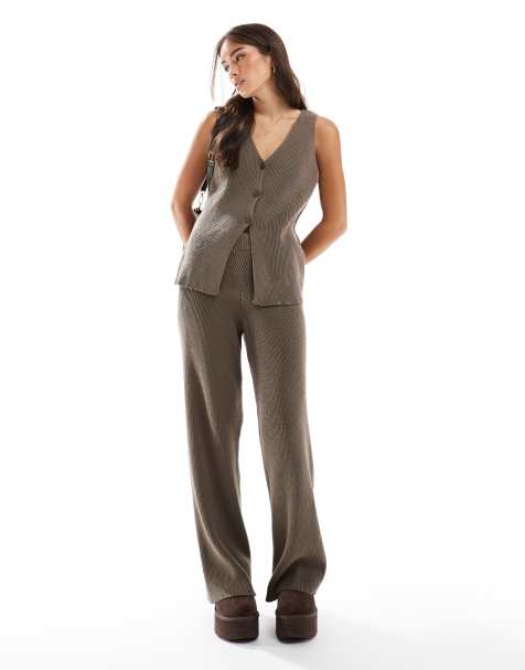 ASOS DESIGN – Set mit Longline-Strickweste und -hose in dunklem Taupe - view 1