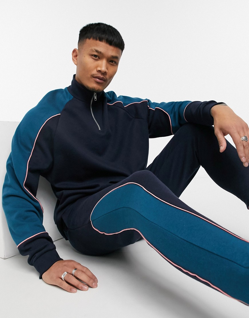 ASOS DESIGN set oversized half zip sweatshirt with contrast panels & piping in navy