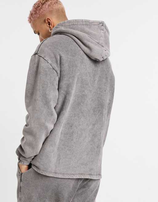 ASOS DESIGN set oversized hoodie in gray acid wash with chest print