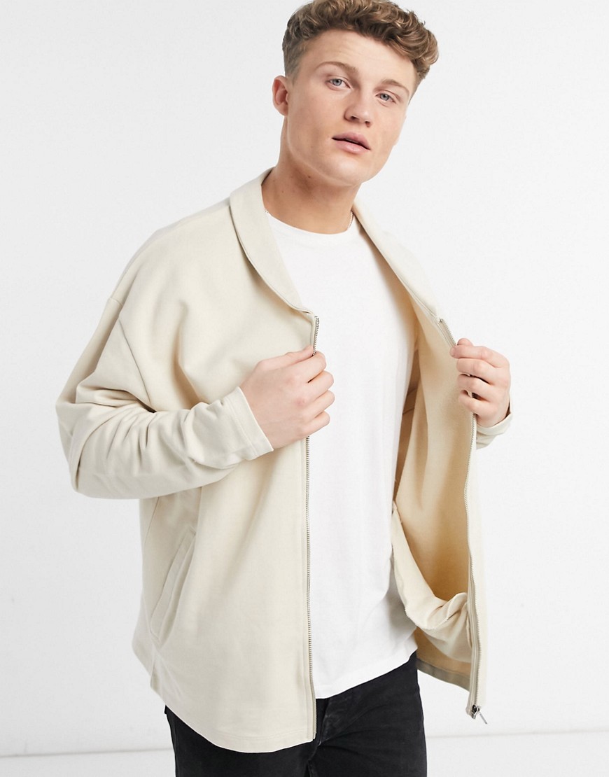 ASOS DESIGN set oversized jersey jacket in beige with shawl collar and zip-Neutral
